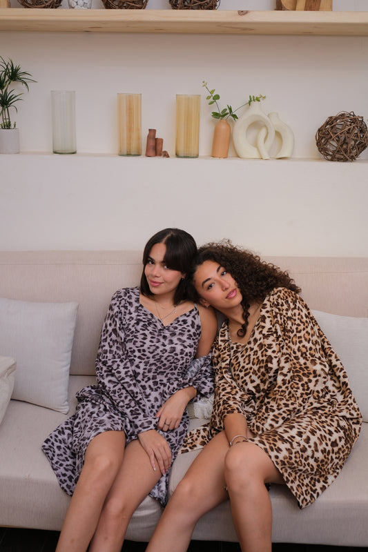 Cheetah Print Sleep Set In Beige/Grey