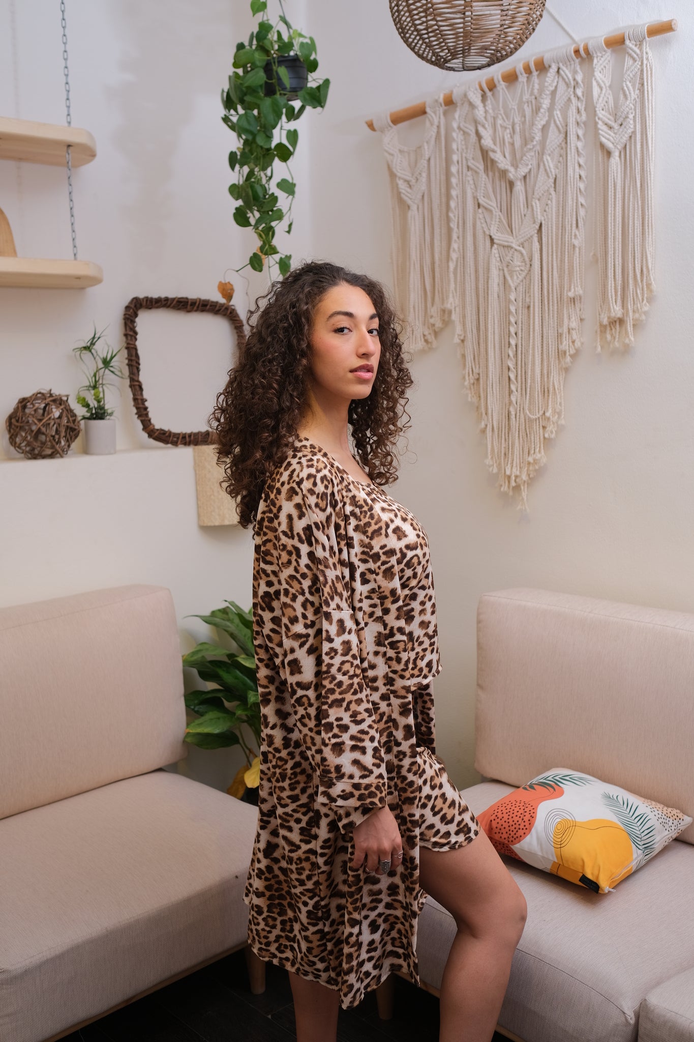 Cheetah Print Sleep Set In Beige/Grey
